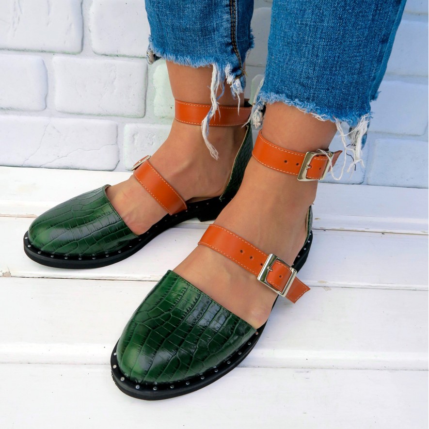 .Pantofi -  Double Belt - Croco Dark Green