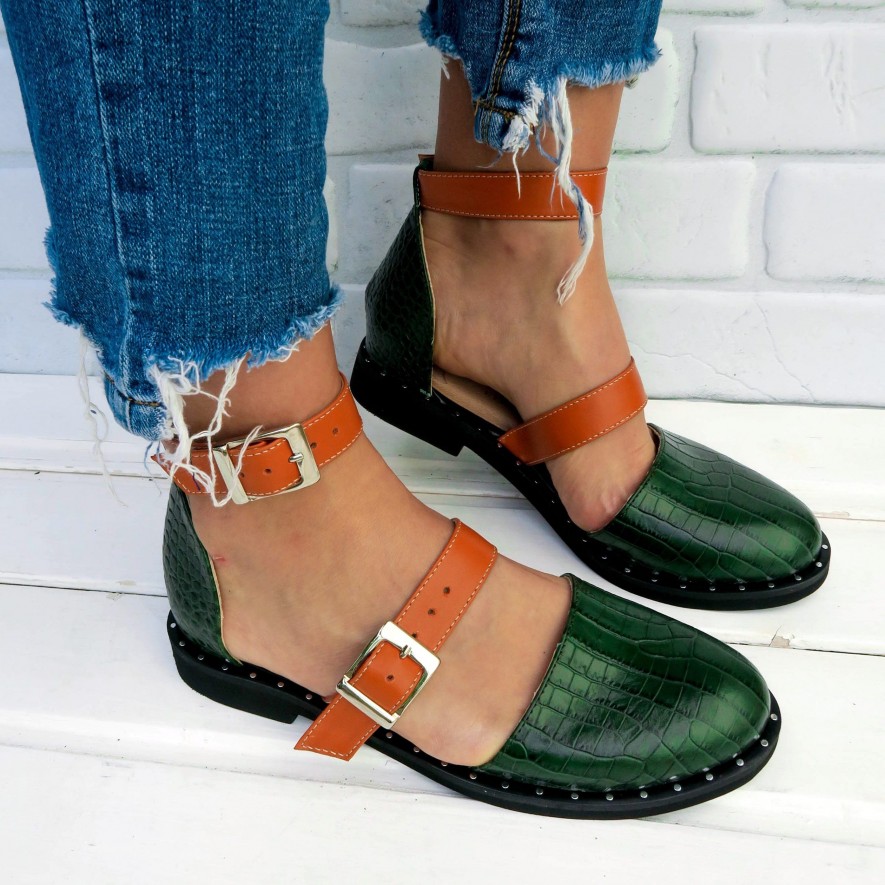 .Pantofi -  Double Belt - Croco Dark Green