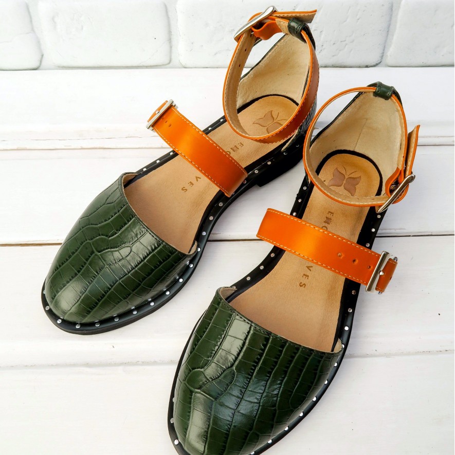 .Pantofi -  Double Belt - Croco Dark Green