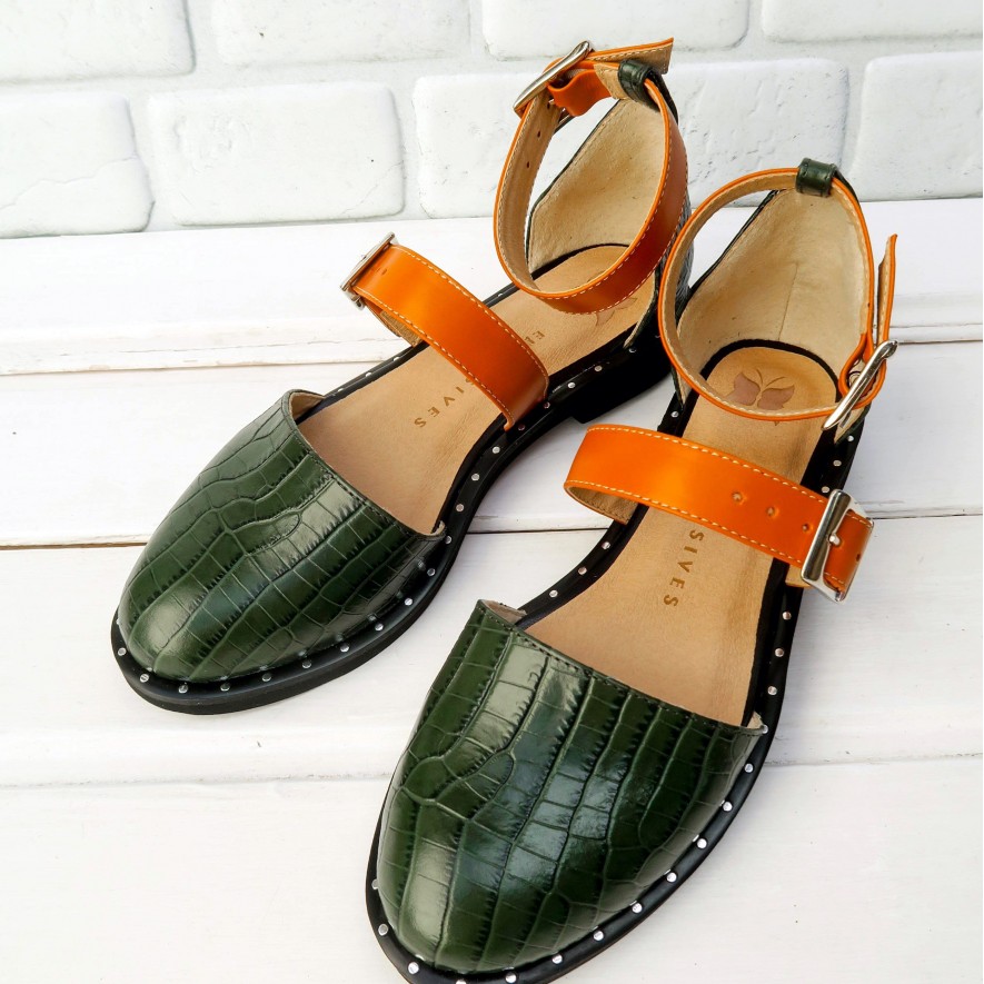 .Pantofi -  Double Belt - Croco Dark Green