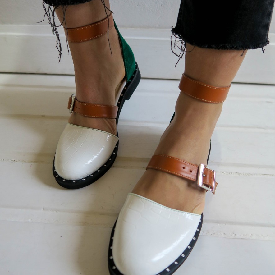 .Pantofi -  Double Belt -  Croco White