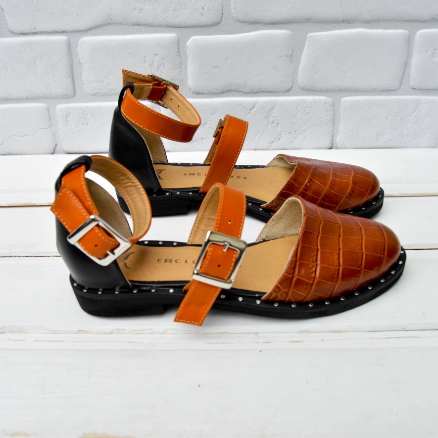 .Pantofi -  Double Belt - Croco Brown Mix