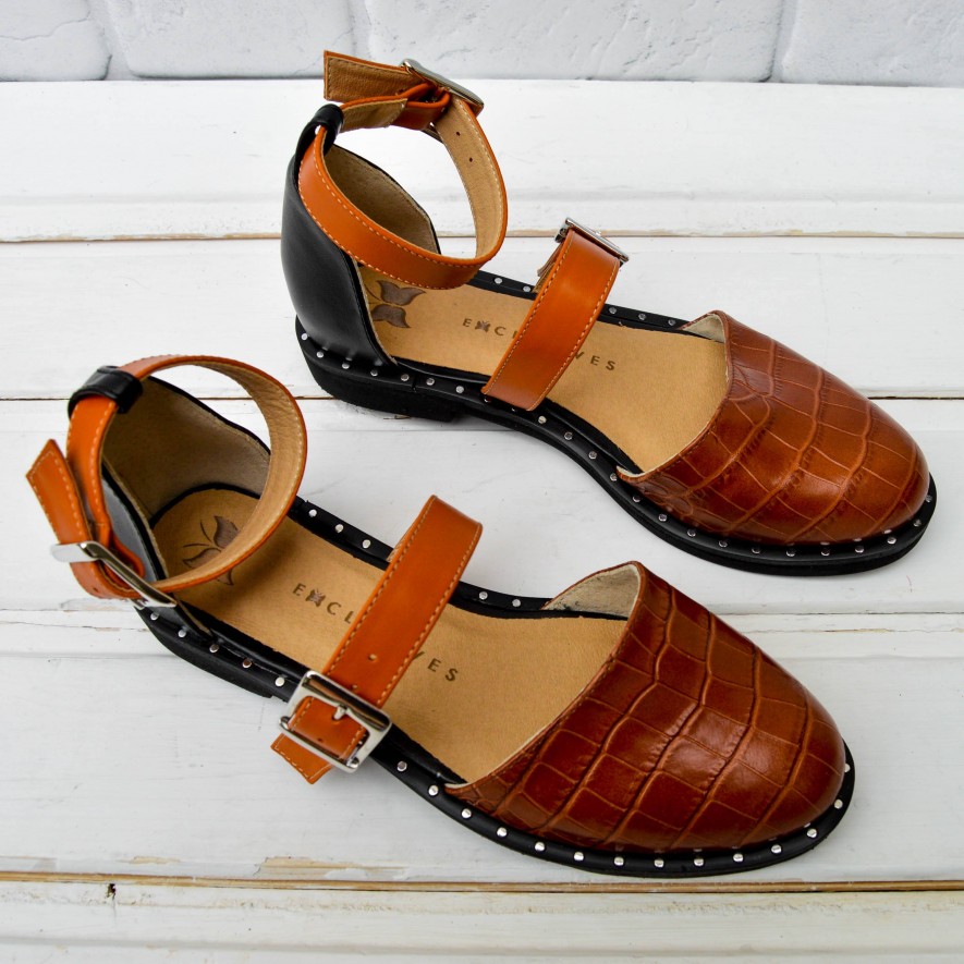 .Pantofi -  Double Belt - Croco Brown Mix