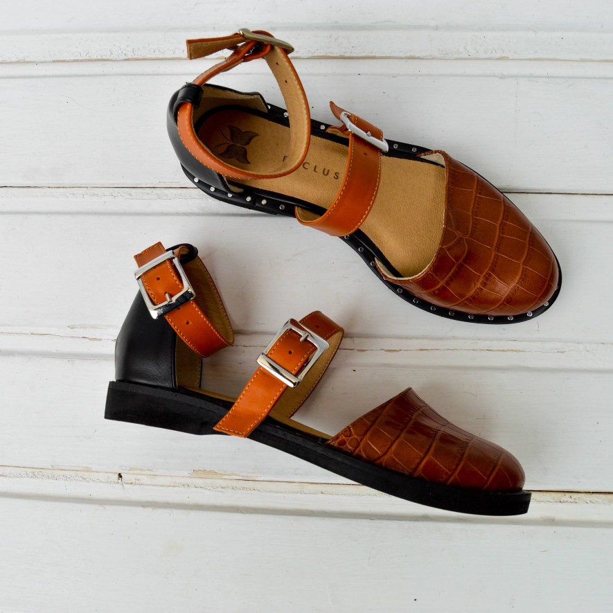 .Pantofi -  Double Belt - Croco Brown Mix