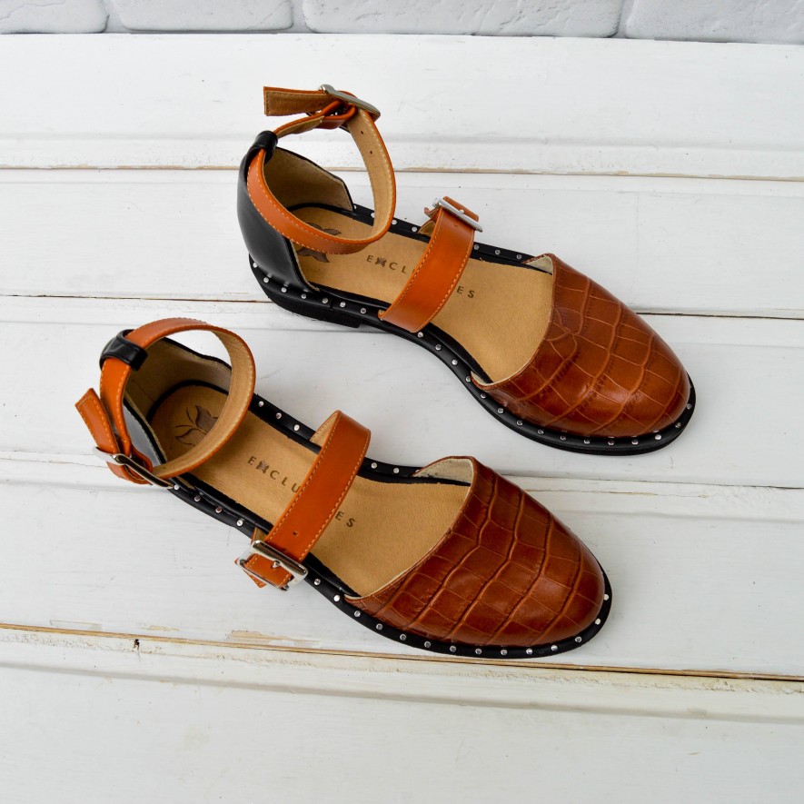 .Pantofi -  Double Belt - Croco Brown Mix